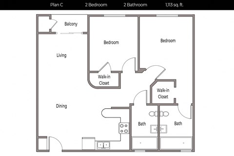 Floor plan for 2 beds, 2 baths, 1113 sqft